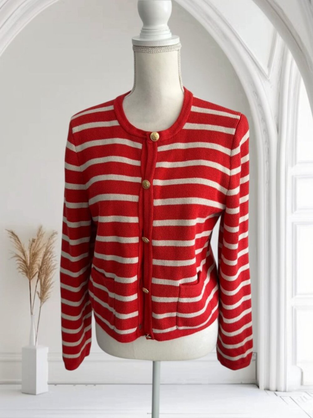 J CREW Orange White Striped Cardigan Sweater Size Large